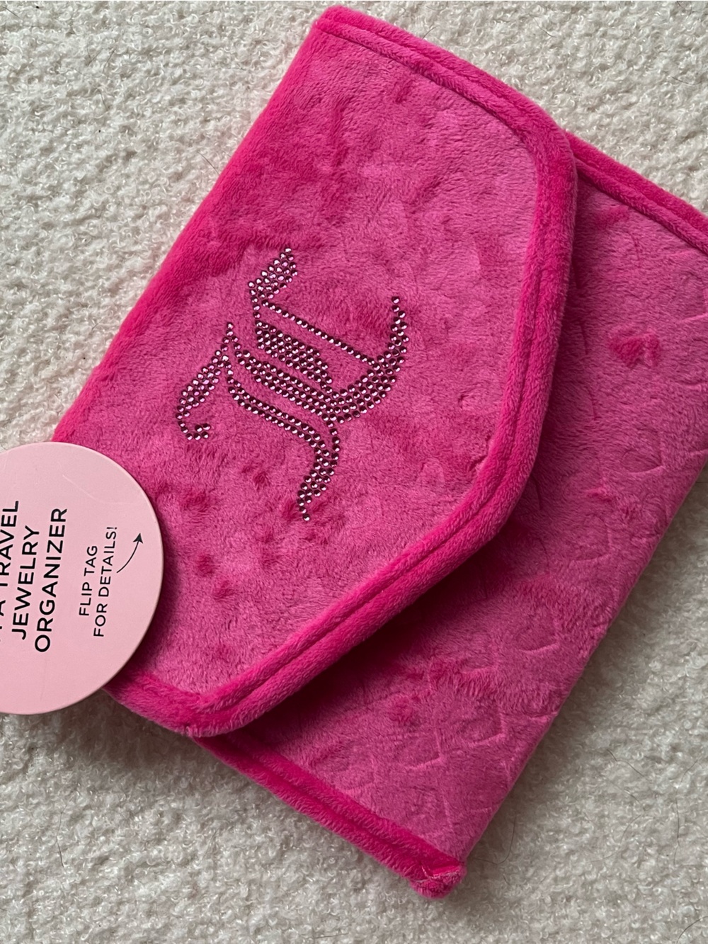 Juicy Couture Travel Jewelry Organizer - Hot Pink Plush with Rhinestone Accent